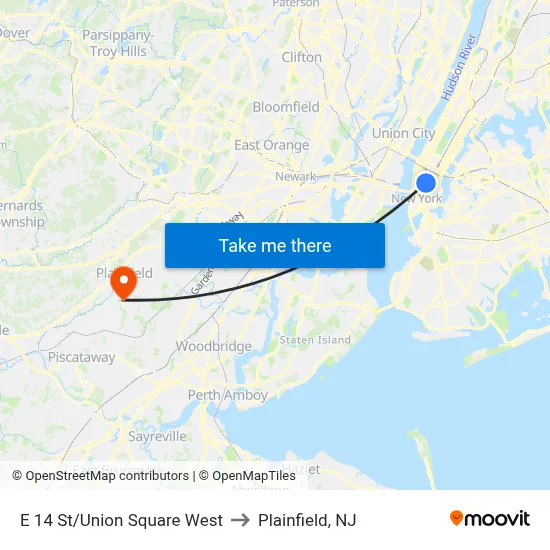 E 14 St/Union Square West to Plainfield, NJ map