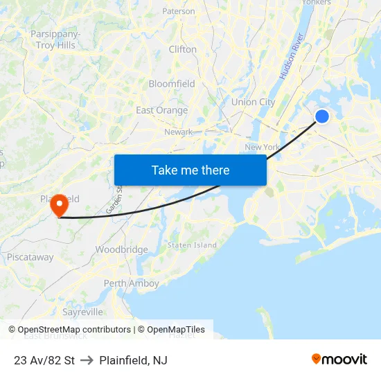 23 Av/82 St to Plainfield, NJ map