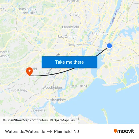 Waterside/Waterside to Plainfield, NJ map