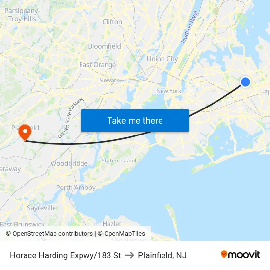 Horace Harding Expwy/183 St to Plainfield, NJ map