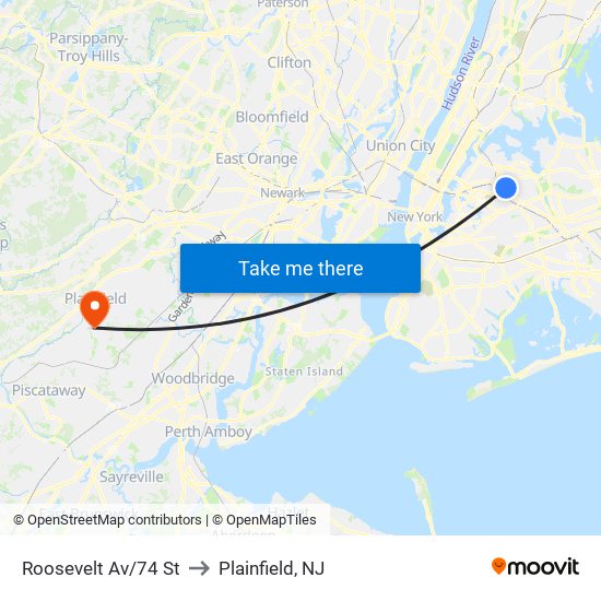 Roosevelt Av/74 St to Plainfield, NJ map