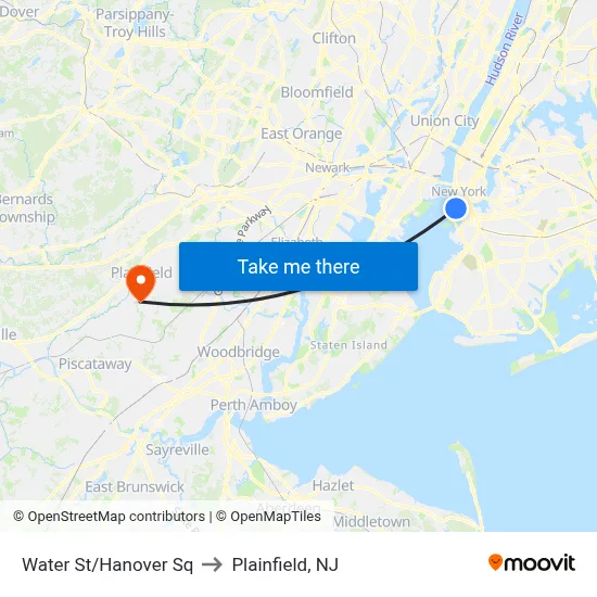 Water St/Hanover Sq to Plainfield, NJ map