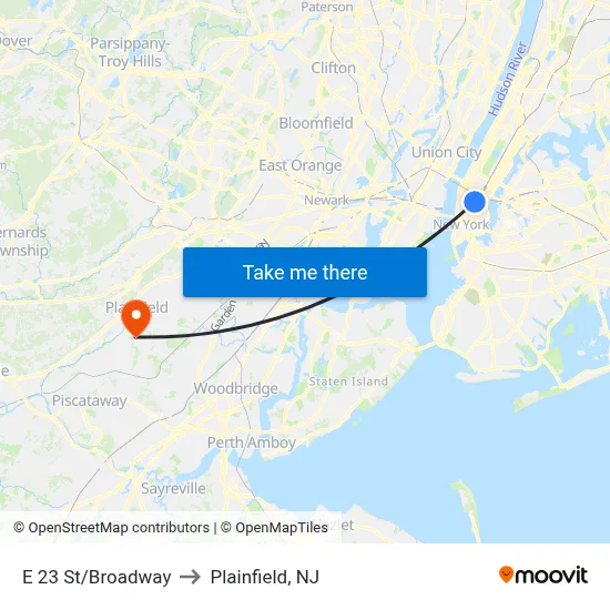 E 23 St/Broadway to Plainfield, NJ map