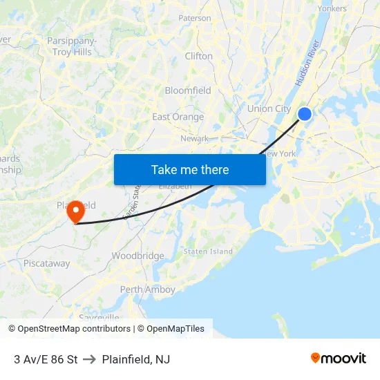 3 Av/E 86 St to Plainfield, NJ map