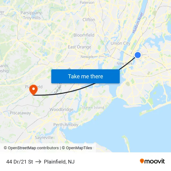 44 Dr/21 St to Plainfield, NJ map