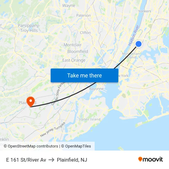 E 161 St/River Av to Plainfield, NJ map