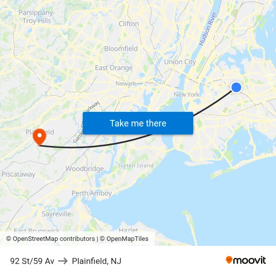 92 St/59 Av to Plainfield, NJ map