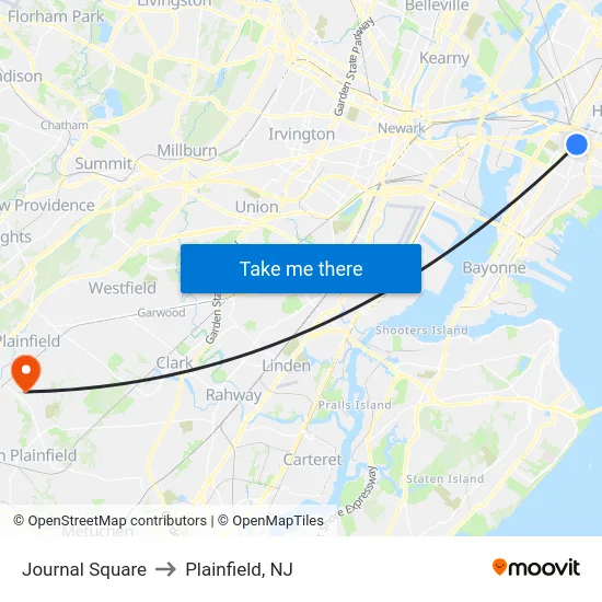 Journal Square to Plainfield, NJ map