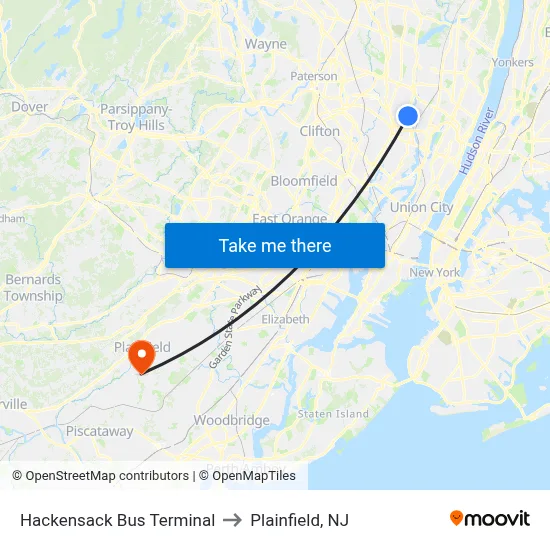Hackensack Bus Terminal to Plainfield, NJ map