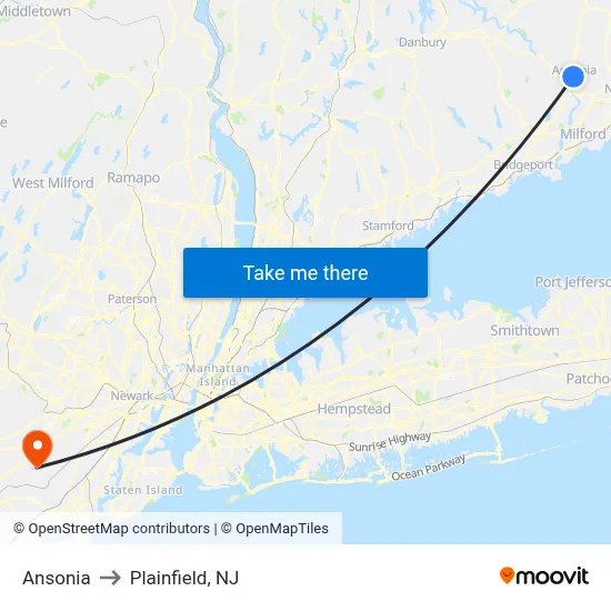 Ansonia to Plainfield, NJ map