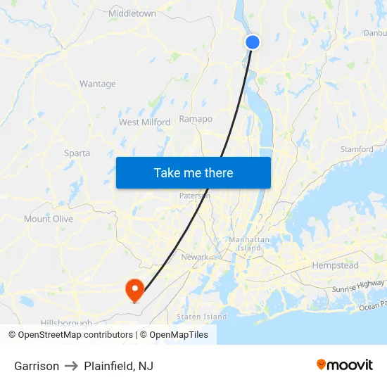 Garrison to Plainfield, NJ map