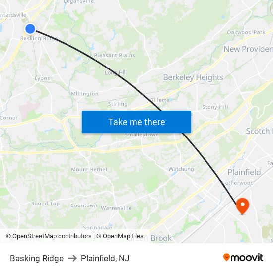 Basking Ridge to Plainfield, NJ map