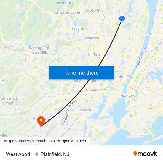 Westwood to Plainfield, NJ map