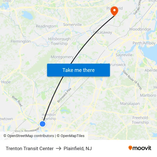 Trenton Transit Center to Plainfield, NJ map