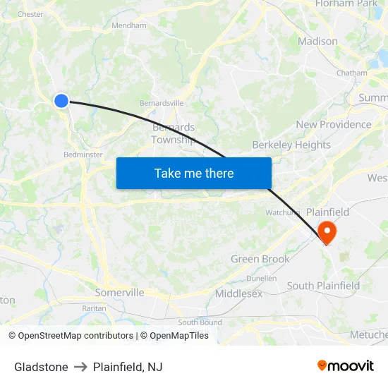 Gladstone to Plainfield, NJ map