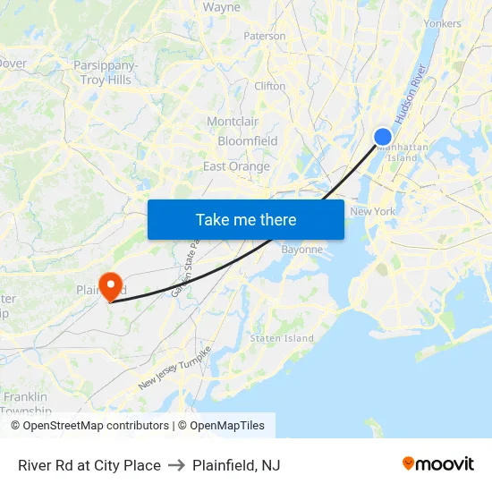 River Rd at City Place to Plainfield, NJ map