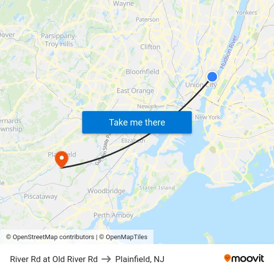 River Rd at Old River Rd to Plainfield, NJ map