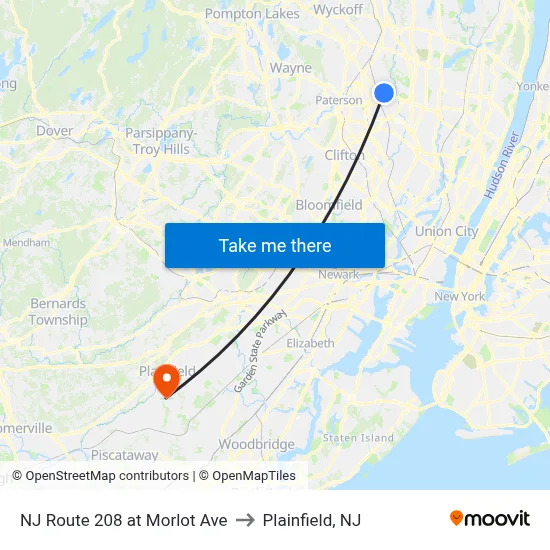 NJ Route 208 at Morlot Ave to Plainfield, NJ map