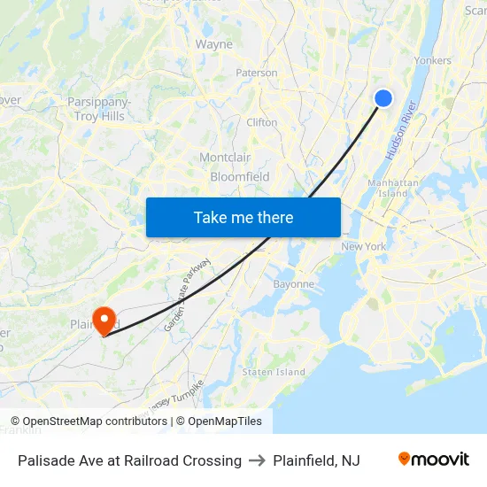 Palisade Ave at Railroad Crossing to Plainfield, NJ map
