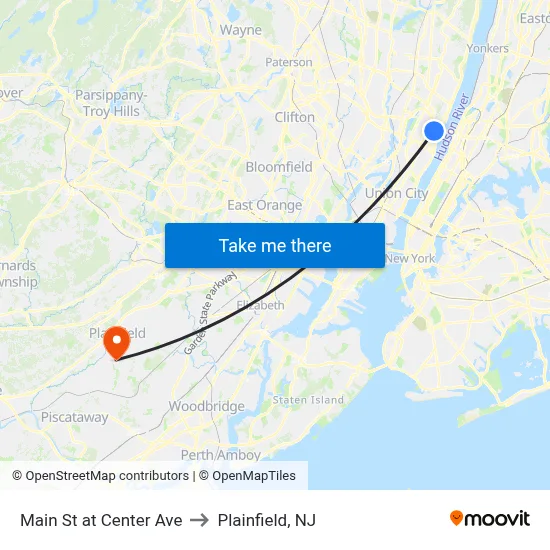 Main St at Center Ave to Plainfield, NJ map