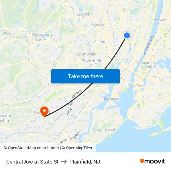 Central Ave at State St to Plainfield, NJ map