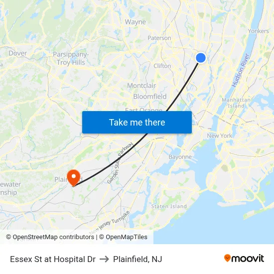 Essex St at Hospital Dr to Plainfield, NJ map