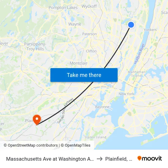 Massachusetts Ave at Washington Ave to Plainfield, NJ map