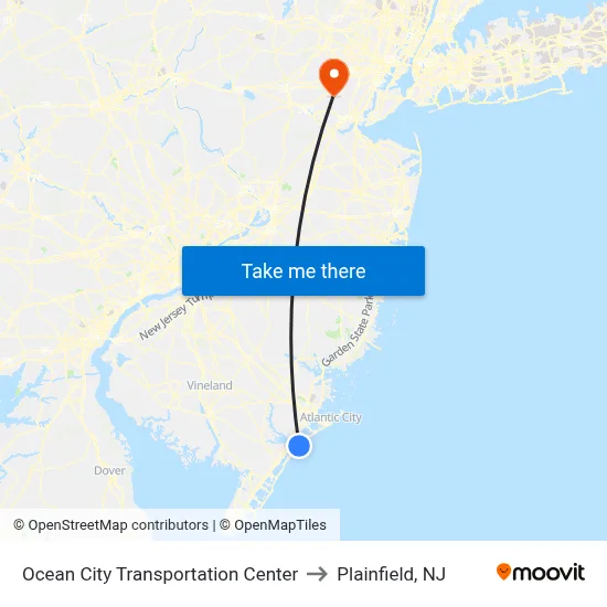 Ocean City Transportation Center to Plainfield, NJ map