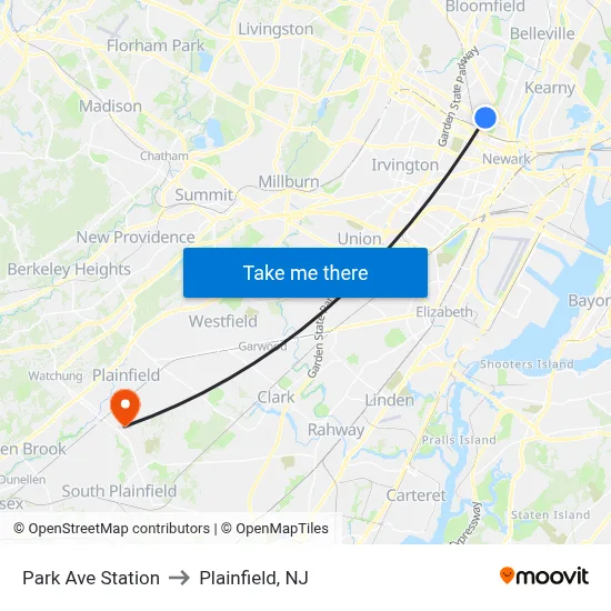 Park Ave Station to Plainfield, NJ map