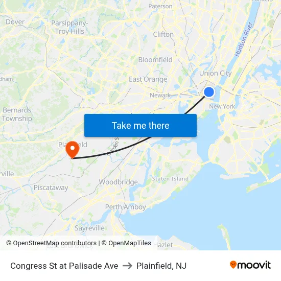 Congress St at Palisade Ave to Plainfield, NJ map