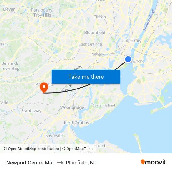 Newport Centre Mall to Plainfield, NJ map