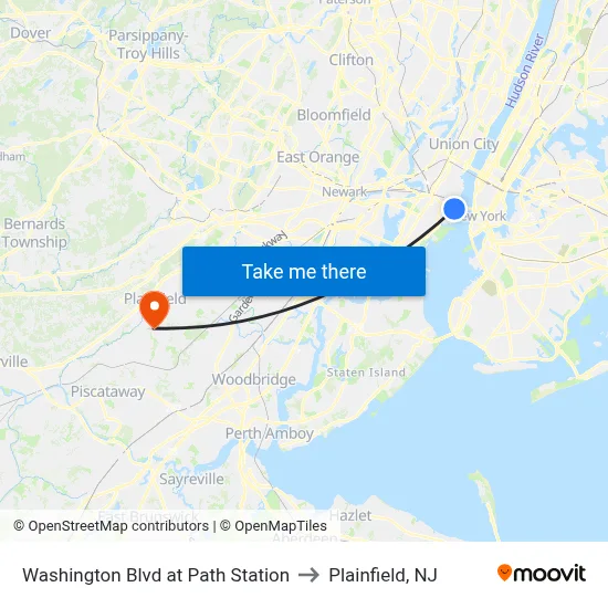 Washington Blvd at Path Station to Plainfield, NJ map