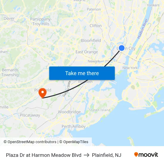 Plaza Dr at Harmon Meadow Blvd to Plainfield, NJ map