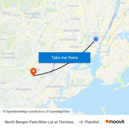 North Bergen Park/Ride Lot at Terminal Building B to Plainfield, NJ map