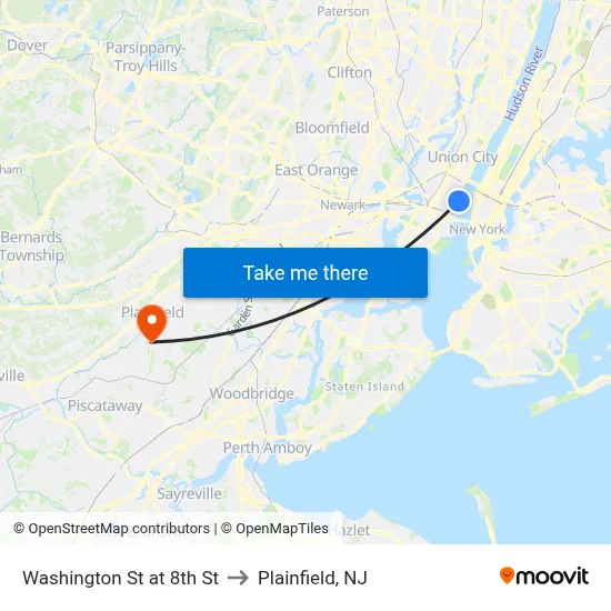 Washington St at 8th St to Plainfield, NJ map