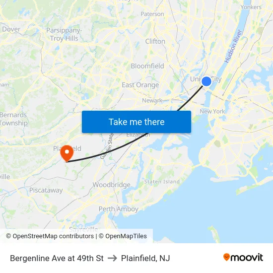 Bergenline Ave at 49th St to Plainfield, NJ map