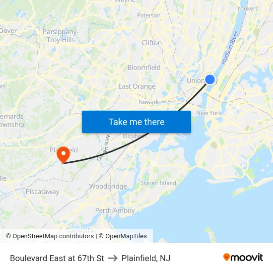 Boulevard East at 67th St to Plainfield, NJ map