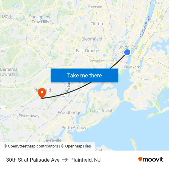 30th St at Palisade Ave to Plainfield, NJ map