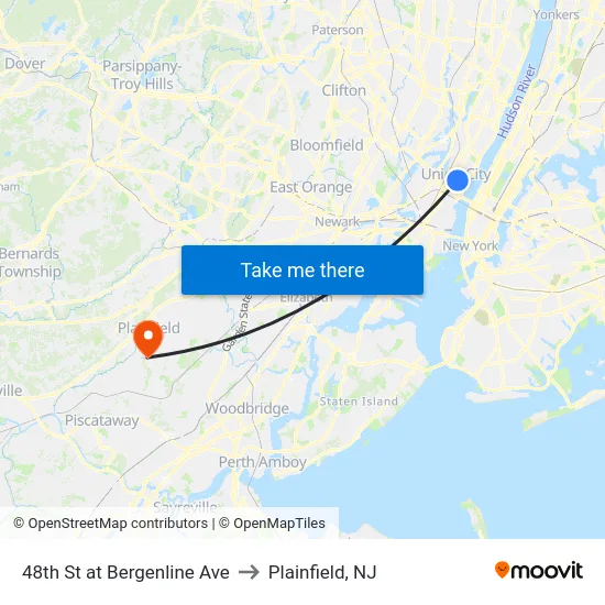 48th St at Bergenline Ave to Plainfield, NJ map