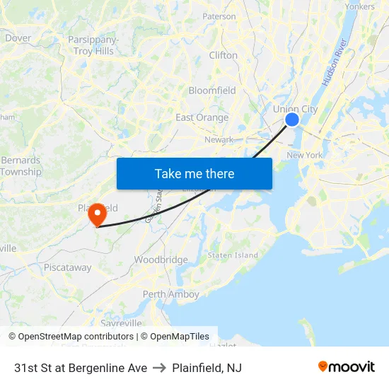 31st St at Bergenline Ave to Plainfield, NJ map