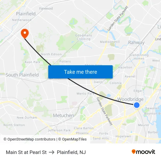 Main St at Pearl St to Plainfield, NJ map