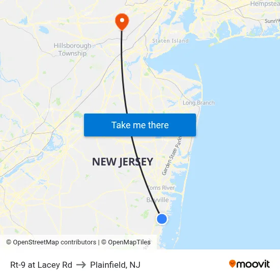 Rt-9 at Lacey Rd to Plainfield, NJ map