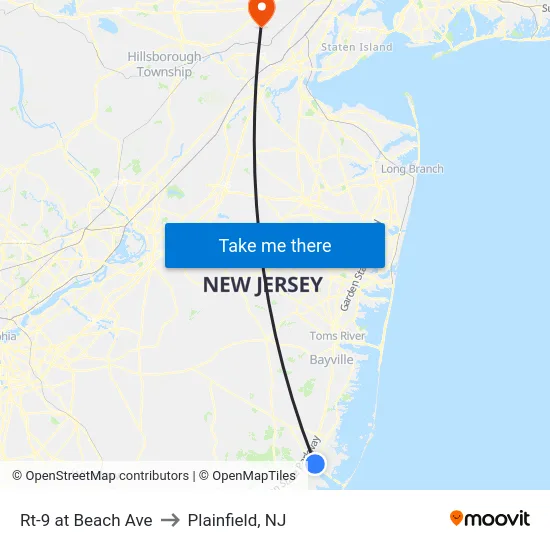 Rt-9 at Beach Ave to Plainfield, NJ map