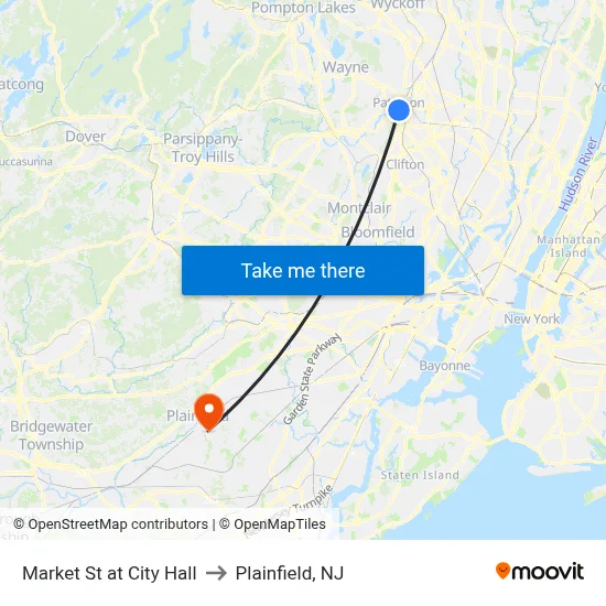 Market St at City Hall to Plainfield, NJ map