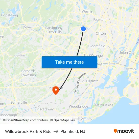 Willowbrook Park & Ride to Plainfield, NJ map