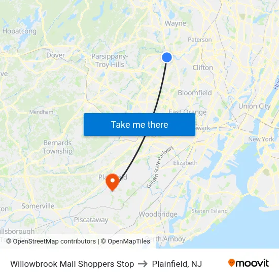 Willowbrook Mall Shoppers Stop to Plainfield, NJ map