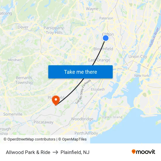 Allwood Park & Ride to Plainfield, NJ map