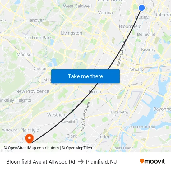 Bloomfield Ave at Allwood Rd to Plainfield, NJ map