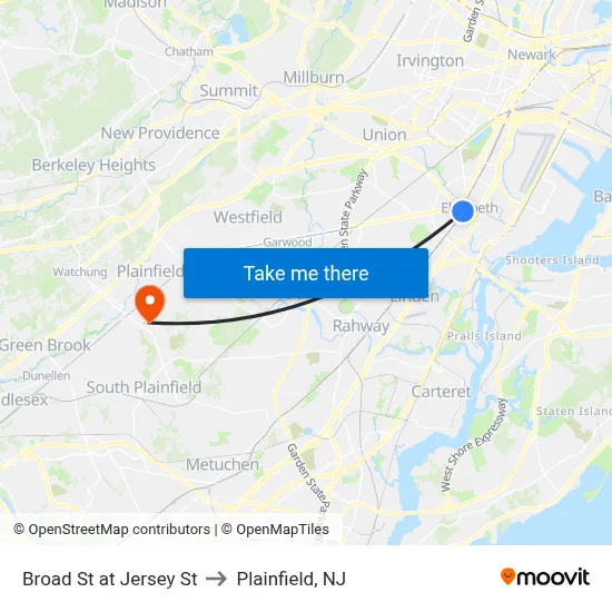 Broad St at Jersey St to Plainfield, NJ map