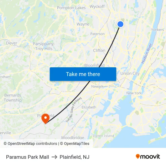Paramus Park Mall to Plainfield, NJ map